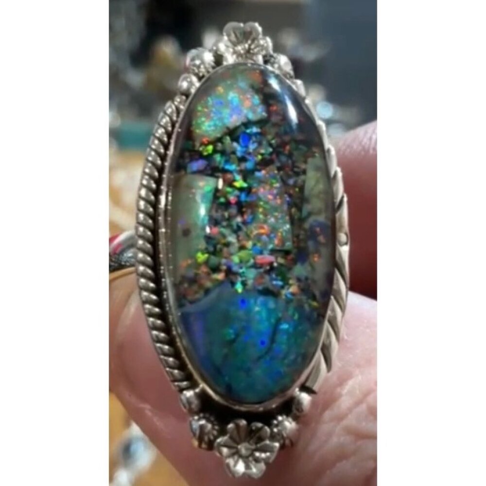 Galaxy Opal Sterling Silver Ring Size 8 Closed Back - Picture 3 of 7